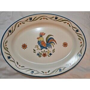 Vernon Metlox Poppytrail Rooster Bleu 13" Oval Serving Platter Multicolor